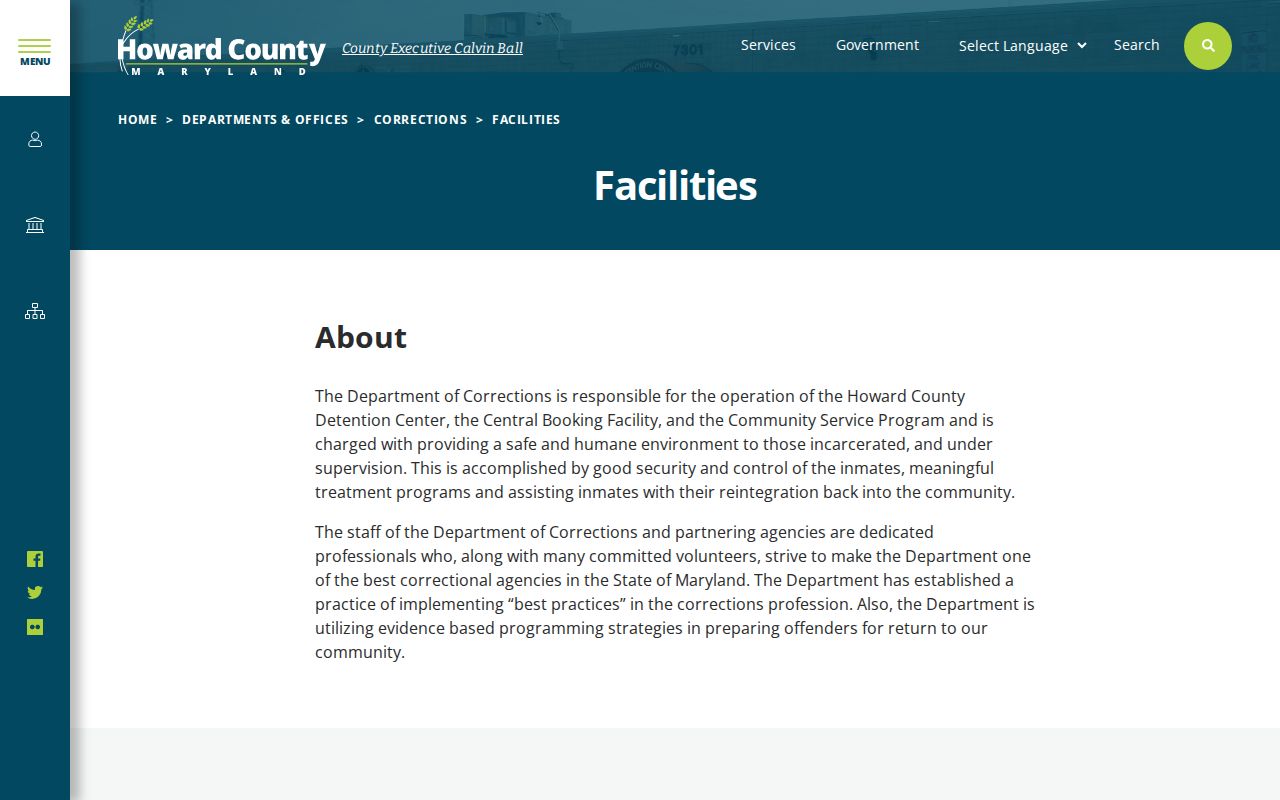 Howard County Corrections facilities and Central Booking page