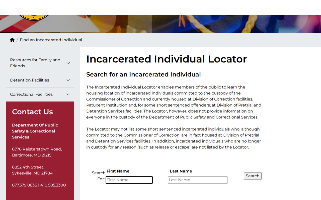Maryland DPSCS Incarcerated Individual Locator search page